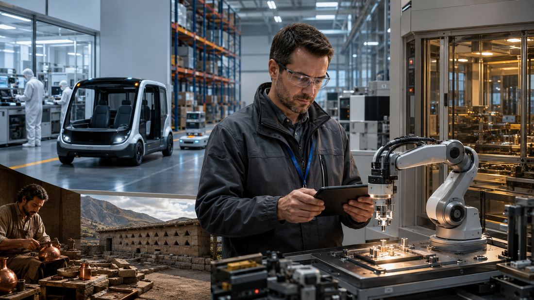 Maintenance supervisor reviewing a precision robotic workcell beside an autonomous shuttle, automated warehouse and semiconductor equipment, with ancient copper-working and highland storage systems represented in a historical inset.