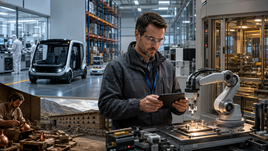 Maintenance supervisor reviewing a precision robotic workcell beside an autonomous shuttle, automated warehouse and semiconductor equipment, with ancient copper-working and highland storage systems represented in a historical inset.
