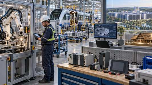 Repair supervisor reviewing diagnostics beside a robotic workcell and refurbished control equipment, with rail manufacturing, AI infrastructure, lunar mapping and an Iron Age longhouse model in the surrounding editorial scene.