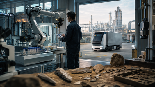 Maintenance technician supervising laboratory automation and an industrial robot beside an autonomous freight vehicle, machine-vision equipment and a workbench of ancient stone tools.
