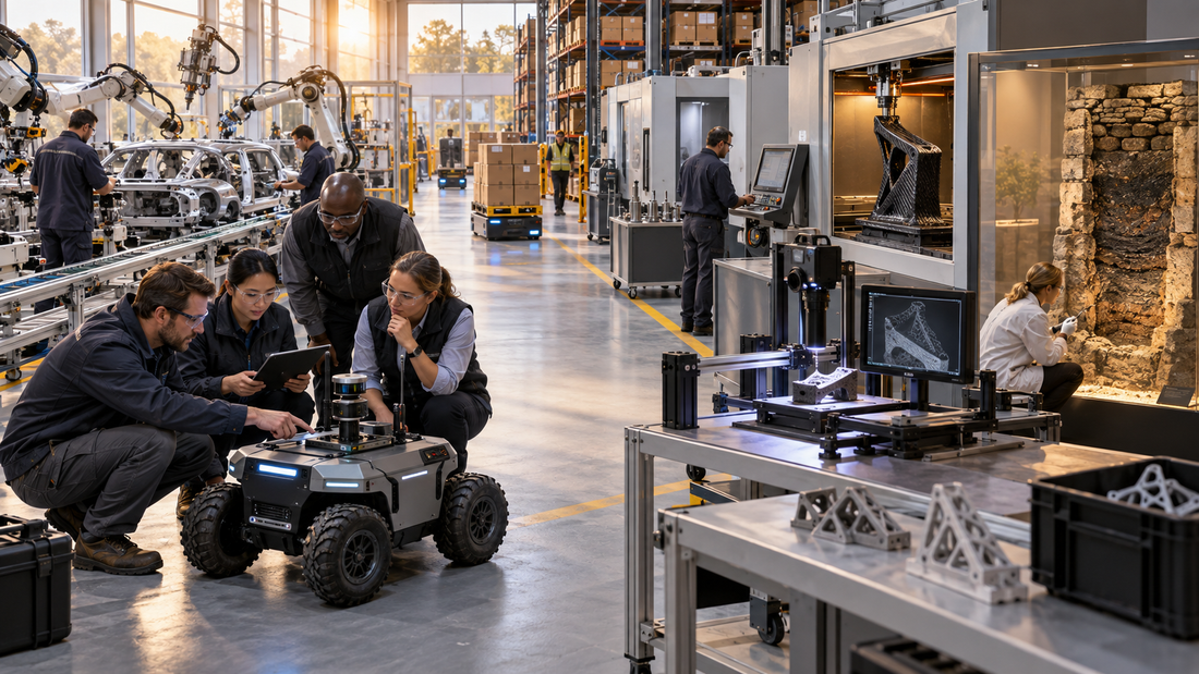 Operations and maintenance team inspecting a compact mobile robot inside a factory combining automotive assembly, warehouse automation, CNC machining, composite 3D printing, machine vision and a medieval engineering exhibit.