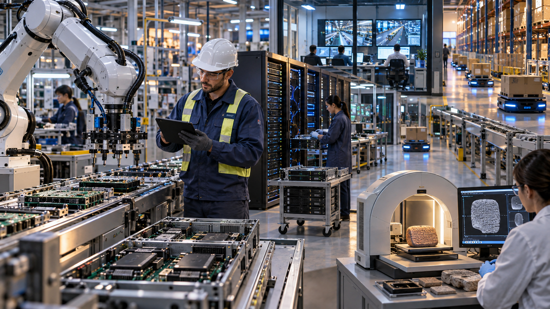 Maintenance supervisor inspecting an automated electronics line beside AI servers, warehouse robots and a portable scanner examining an ancient clay tablet.