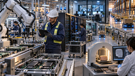 Maintenance supervisor inspecting an automated electronics line beside AI servers, warehouse robots and a portable scanner examining an ancient clay tablet.