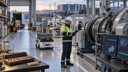 Repair supervisor reviewing diagnostics beside a mobile robot and instrumented turbine, with aerospace manufacturing, palletized freight, AI infrastructure and Bronze Age artifacts represented across a modern industrial facility.