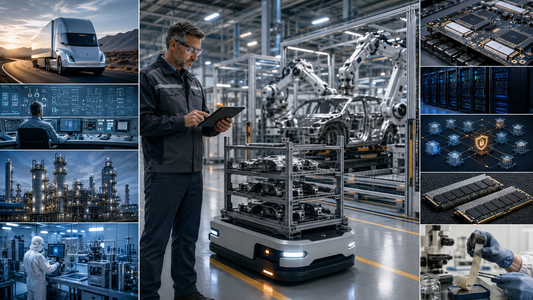 Maintenance supervisor overseeing a heavy-load mobile robot in an automotive plant alongside autonomous freight, nuclear-control, semiconductor, cybersecurity and recyclable-material systems.
