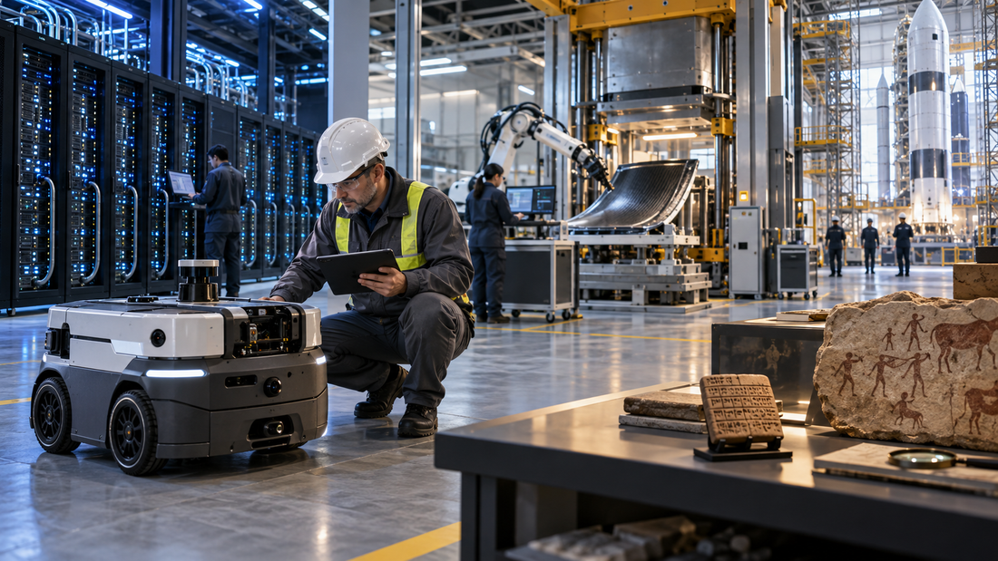 Repair supervisor inspecting a sensor-equipped mobile robot beside liquid-cooled AI servers, composite manufacturing equipment, a rocket assembly area and historical research artifacts.