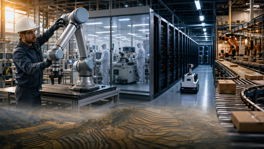 Maintenance technician guiding a collaborative robot beside semiconductor equipment, server racks, an inspection robot and an automated fulfillment line.