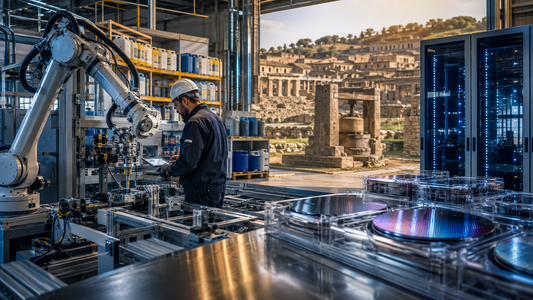 Maintenance technician supervising an industrial robot beside safely organized chemical storage, semiconductor wafers and AI-computing equipment, with ancient production infrastructure in the background.