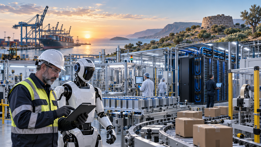 Repair supervisor reviewing diagnostics beside a humanoid robot, automated packaging line, battery equipment and AI servers, with maritime logistics and a prehistoric stone tower in the background.