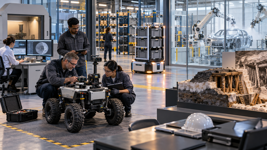 Maintenance professionals inspecting a rugged mobile robot inside an industrial operations center that also features warehouse automation, automotive robotics, X-ray materials analysis and an Iron Age salt-mine model.
