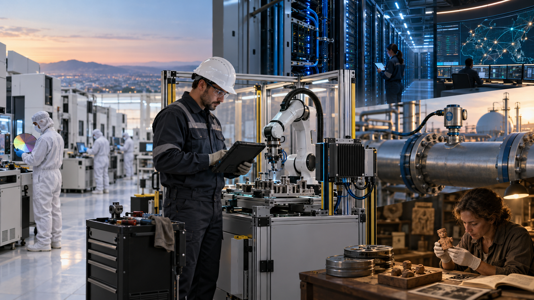 Repair supervisor inspecting an edge-AI robotic workcell beside semiconductor equipment, data-center infrastructure and hydrogen metering, with an archaeologist and archival film representing technology history.