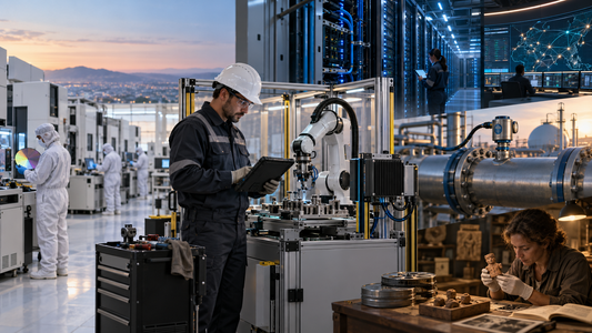 Repair supervisor inspecting an edge-AI robotic workcell beside semiconductor equipment, data-center infrastructure and hydrogen metering, with an archaeologist and archival film representing technology history.