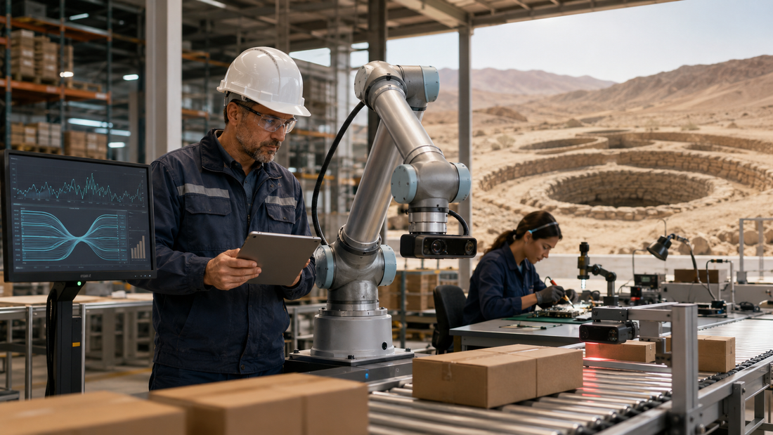 Maintenance supervisor evaluating a collaborative robot and machine-vision system beside an automated packaging line, electronics repair station and ancient desert waterworks.