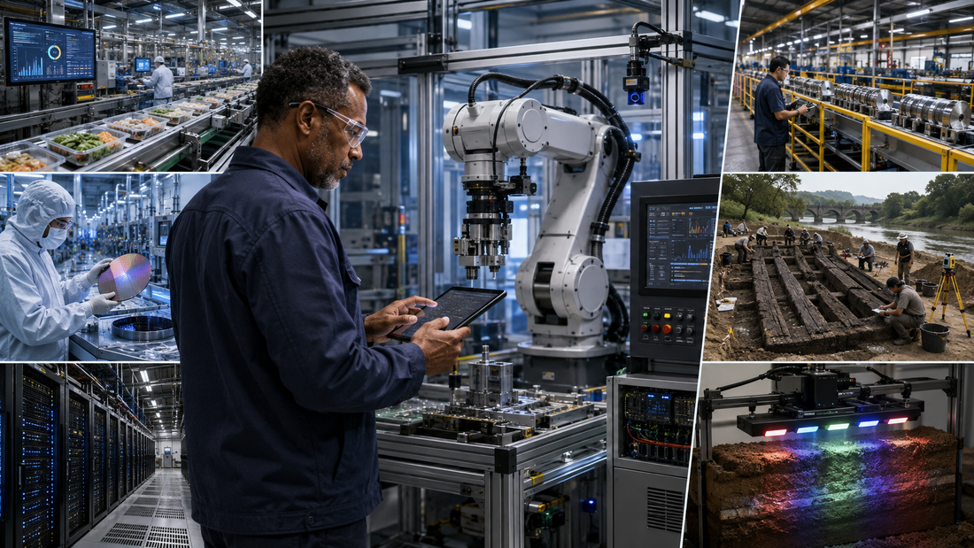 Maintenance supervisor inspecting an industrial robot beside refrigerated production, semiconductor equipment and AI infrastructure, with archaeologists documenting Iron Age timbers and multispectral soil imaging.