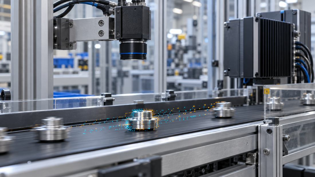 An event-based industrial camera detecting sparse, timestamped edge changes around precision metal components moving rapidly along a guarded conveyor.