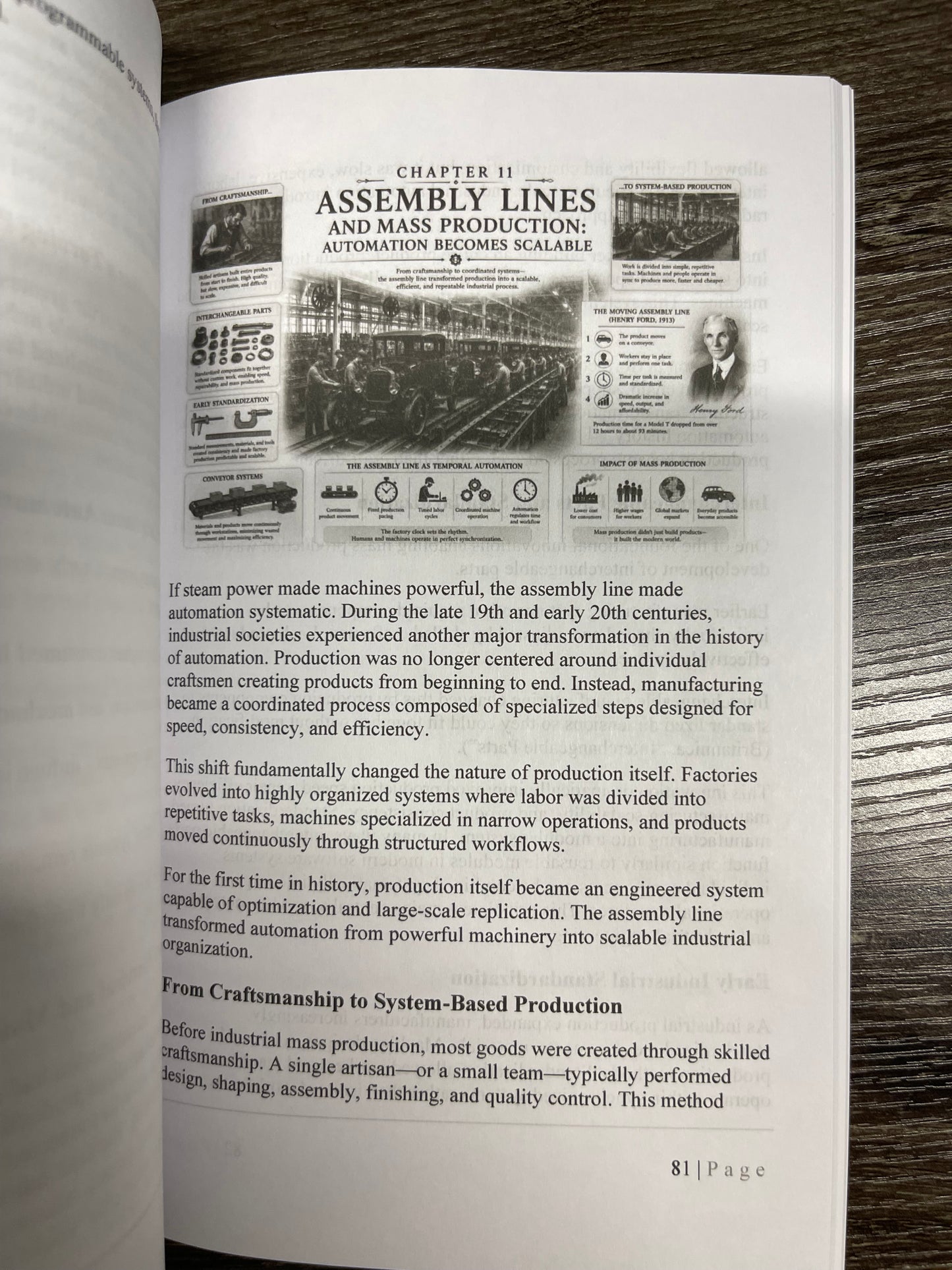 An open book showing a printed page from Chapter 11 titled 'Assembly Lines and Mass Production: Automation Becomes Scalable,' photographed on a dark wood surface.