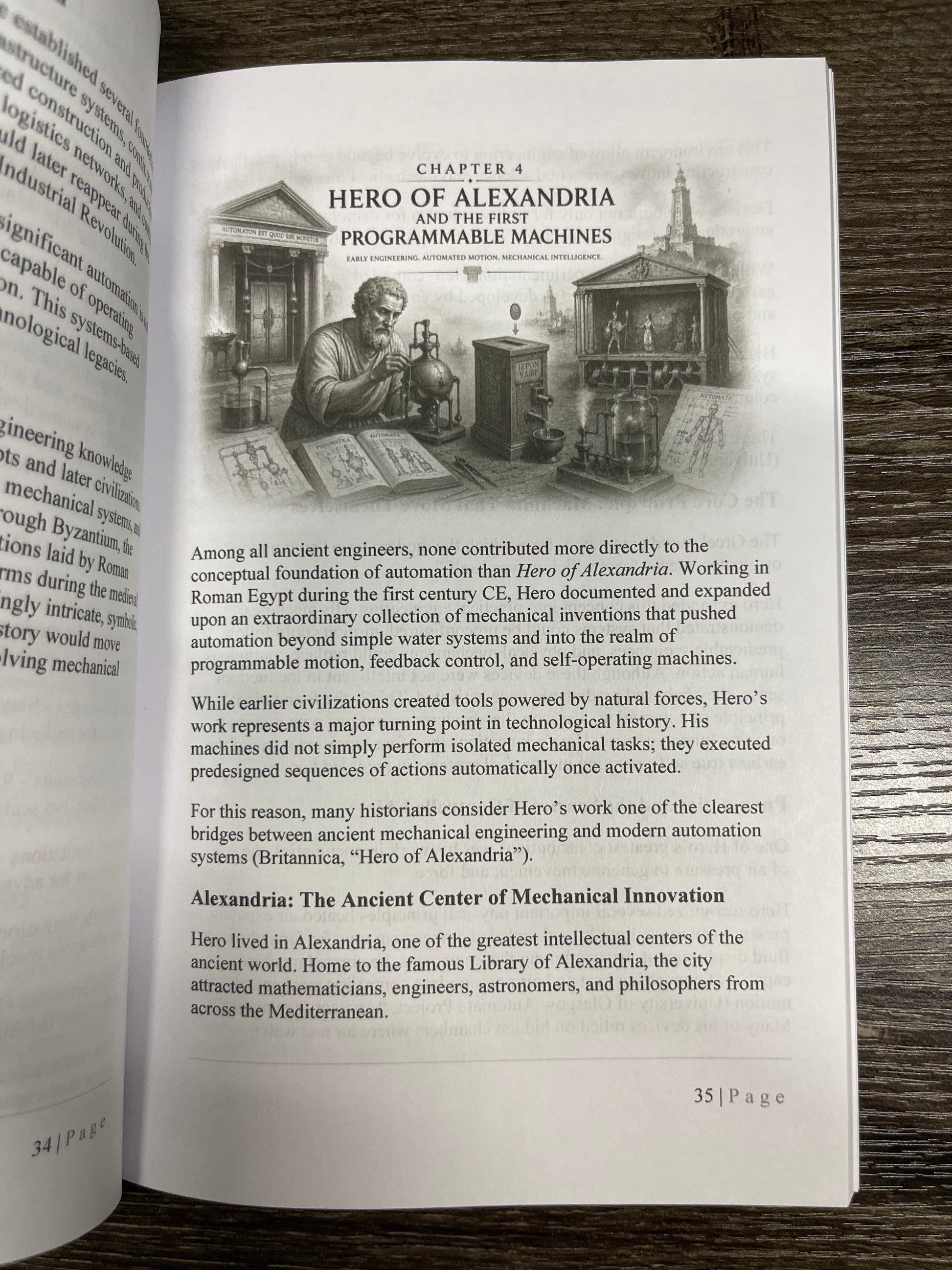 An open book showing a printed page from Chapter 4 titled 'Hero of Alexandria and the Programmable Machines,' photographed on a dark wood surface.