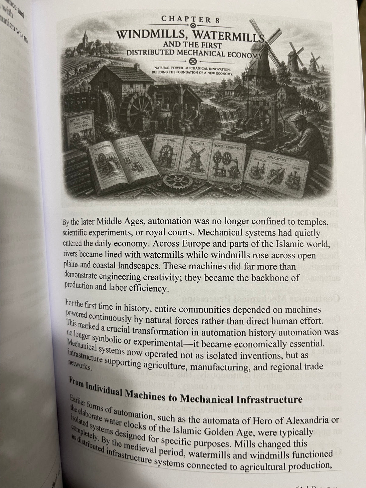 A printed book page showing a chapter titled "Chapter 8 Windmills, Watermills and the First Distributed Mechanical Economy" with an illustration of a windmill scene and paragraphs of text below.