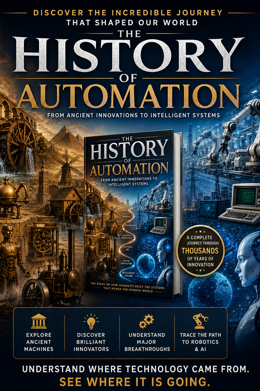 Promotional graphic for the book 'The History of Automation' featuring a large central book cover, a smaller inset copy, and a full-bleed background collage of gears, robots, computers, and blue circuitry. Text includes the title, taglines, and callout buttons at the bottom.