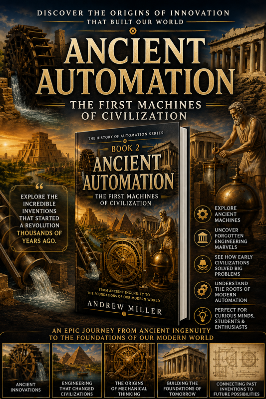 Book cover for 'Ancient Automation: The First Machines of Civilization' by Andrew Miller, featuring an ancient city scene with a large book cover overlaid in the center and multiple feature callout panels around the edges.