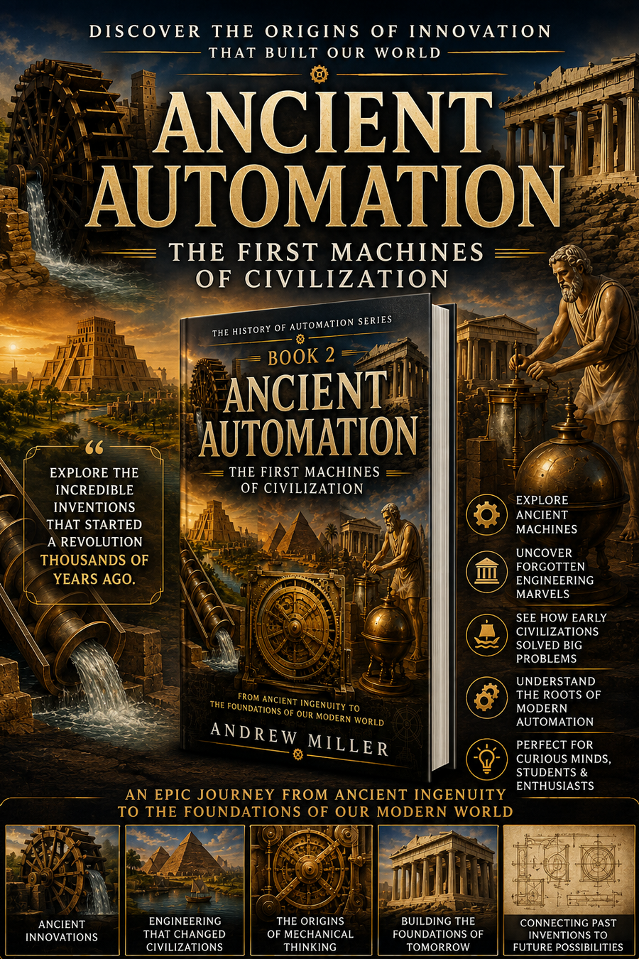 Book cover for 'Ancient Automation: The First Machines of Civilization' by Andrew Miller, featuring an ancient city scene with a large book cover overlaid in the center and multiple feature callout panels around the edges.