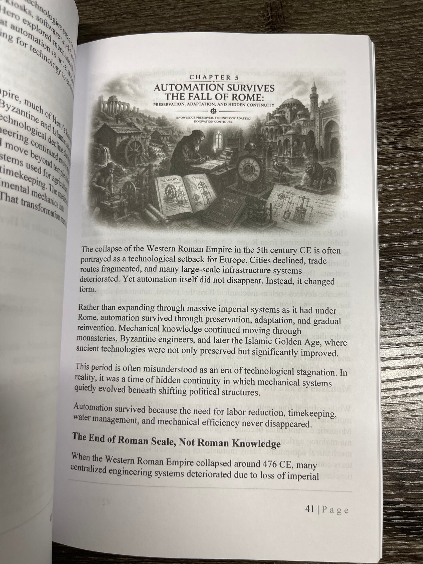 An open book showing a printed page from Chapter 5 titled 'Automation Survives: The Fall of Rome' with text and small black-and-white architectural illustrations, photographed on a dark wood surface.