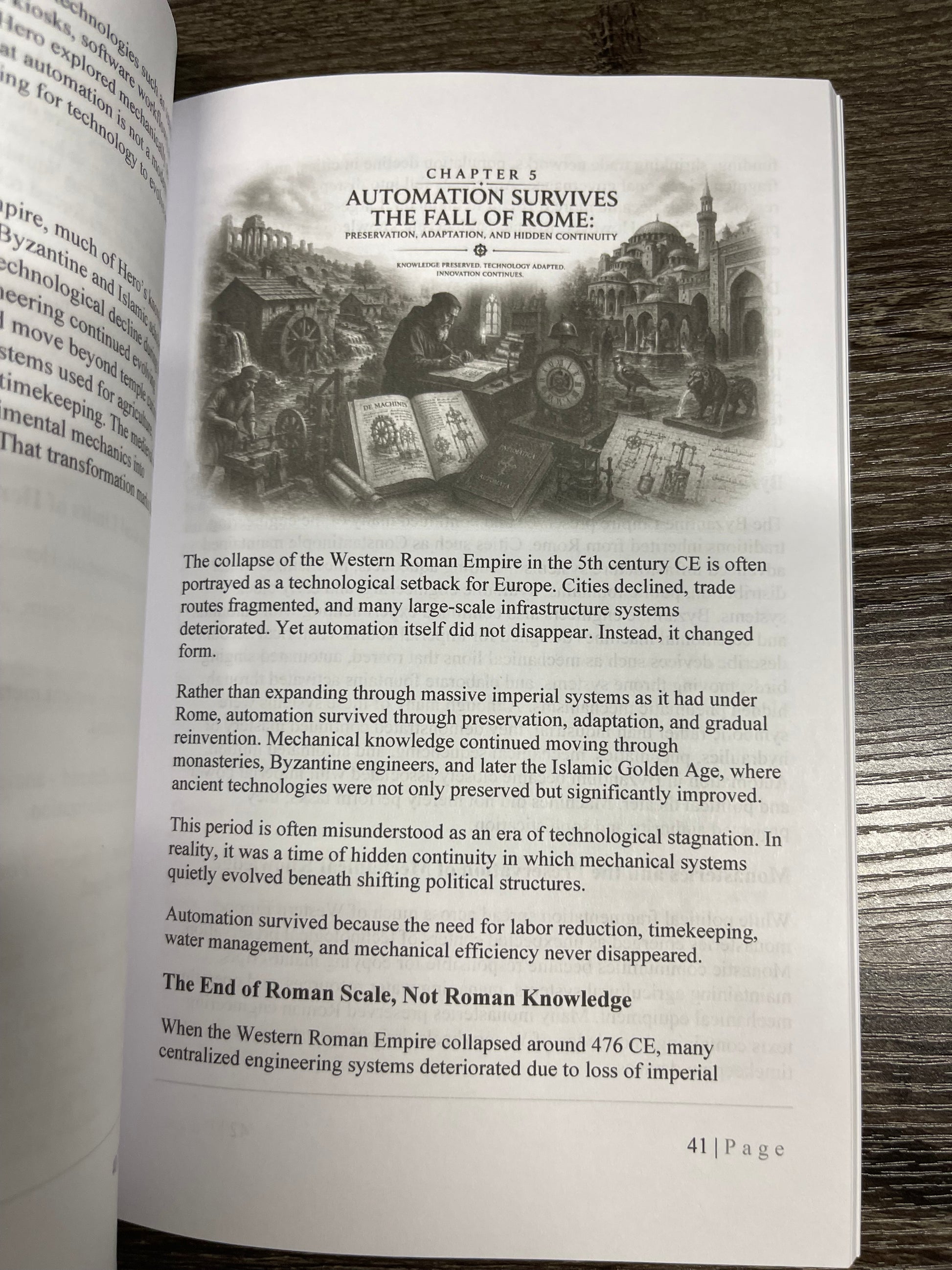 An open book showing a printed page from Chapter 5 titled 'Automation Survives: The Fall of Rome' with text and small black-and-white architectural illustrations, photographed on a dark wood surface.