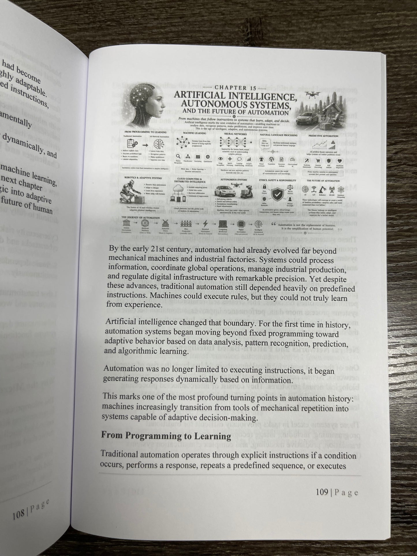 An open book showing printed pages about artificial intelligence, with the left page turned to page 108 and the right page turned to page 109. The text includes headings like 'Artificial Intelligence, Autonomous Systems, and the Future of Automation' and 'From Programming to Learning.