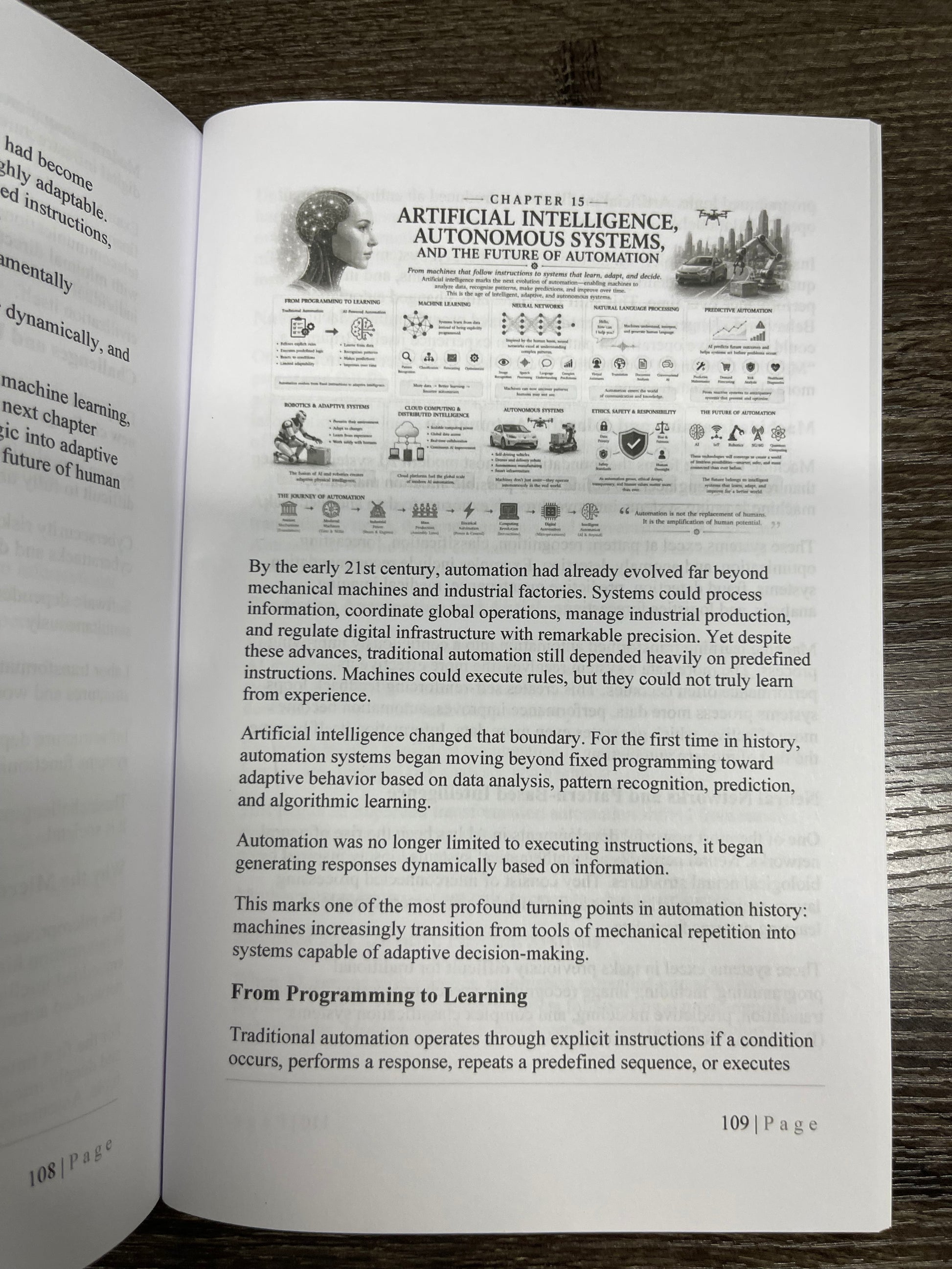 An open book showing printed pages about artificial intelligence, with the left page turned to page 108 and the right page turned to page 109. The text includes headings like 'Artificial Intelligence, Autonomous Systems, and the Future of Automation' and 'From Programming to Learning.