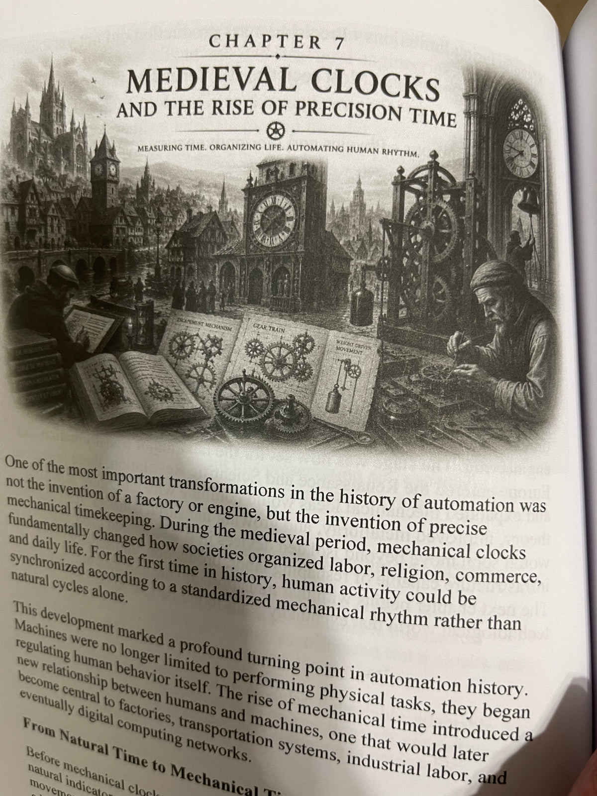 A printed page from a book or booklet titled "CHAPTER 7 MEDIEVAL CLOCKS AND THE RISE OF PRECISION TIME," featuring an engraved illustration of medieval clockwork and machinery with a figure working at a clock, plus paragraphs of text below.
