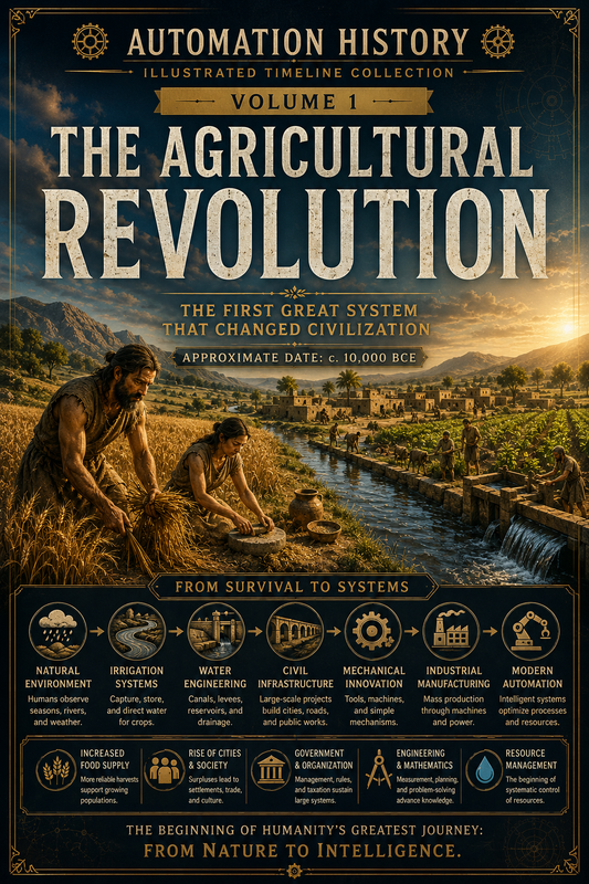A book cover for 'The Agricultural Revolution: Volume 1' from the Automation History Illustrated Timeline Collection. The cover features a dark, sepia-toned background with an illustration of two ancient farmers working in a field next to a stream, and a cityscape in the distance.