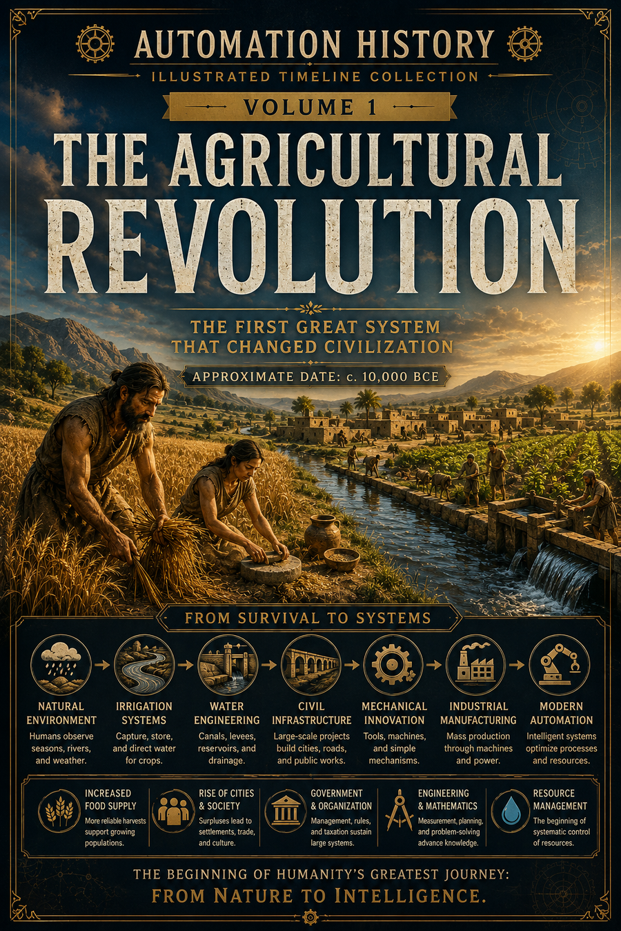 A book cover for 'The Agricultural Revolution: Volume 1' from the Automation History Illustrated Timeline Collection. The cover features a dark, sepia-toned background with an illustration of two ancient farmers working in a field next to a stream, and a cityscape in the distance.